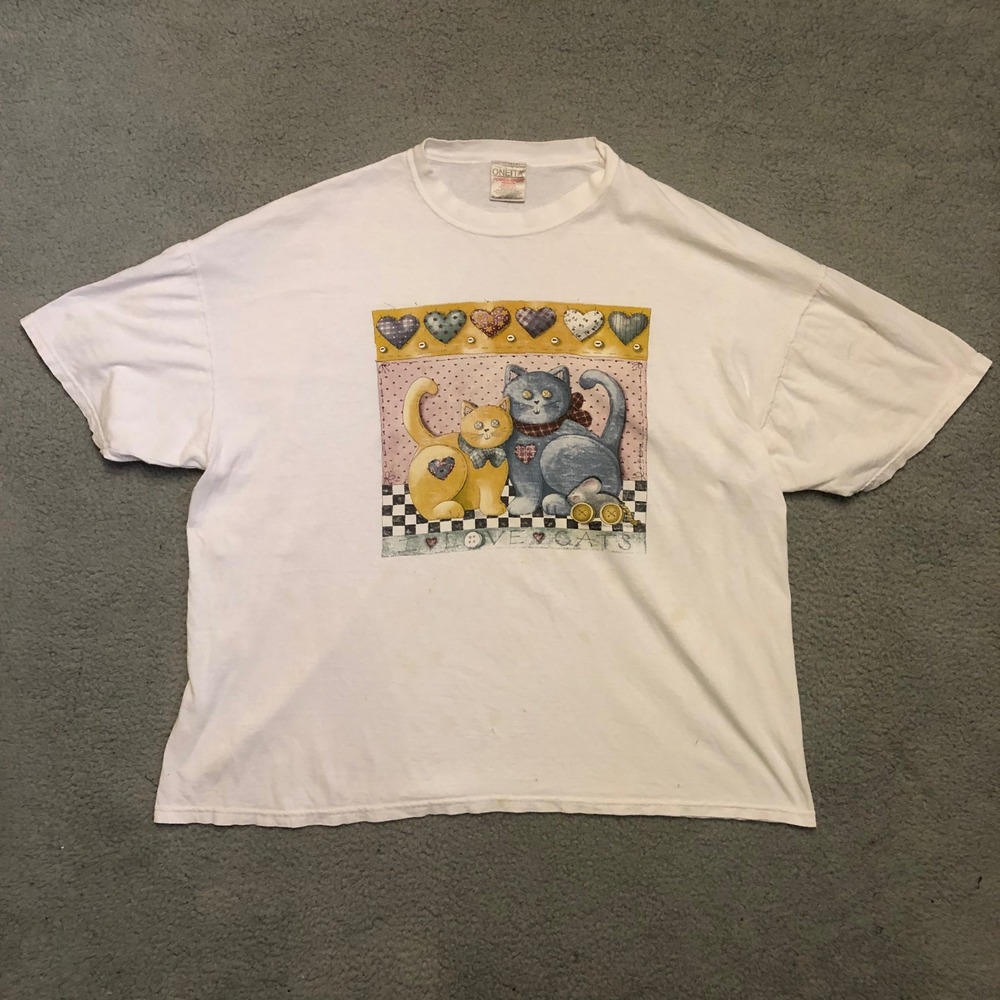 Vintage Oneita I Love Cats Graphic T-Shirt White XXL Boxy Fit 90s Cute